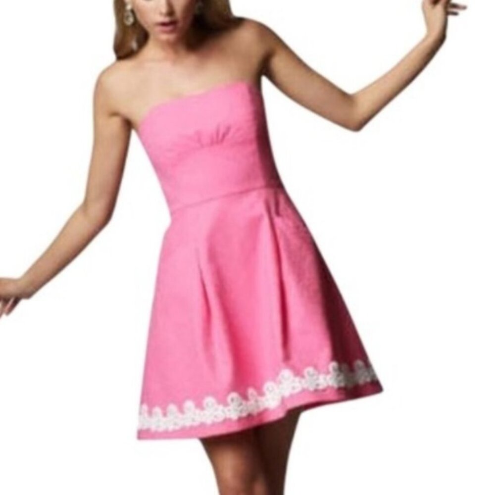 Lilly Pulitzer Pink Blossom Jacquard Lace Hem Strapless Dress sz 2